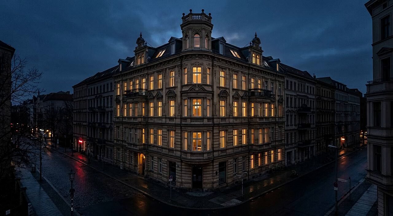 Berliner Eckgebäude zur blauen Stunde, das per Laserscan erfasst wird