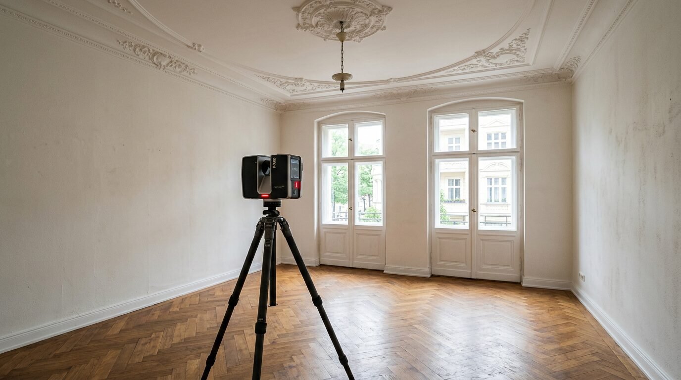 Laserscanner auf Stativ in einer Berliner Altbauwohnung